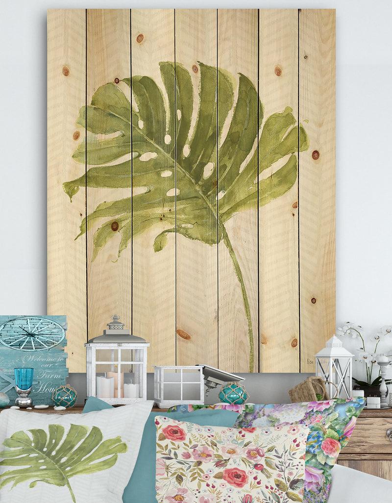 DesignQ Mixed Botanical Green Leaves VII - Cottage Print on Natural Pine Wood