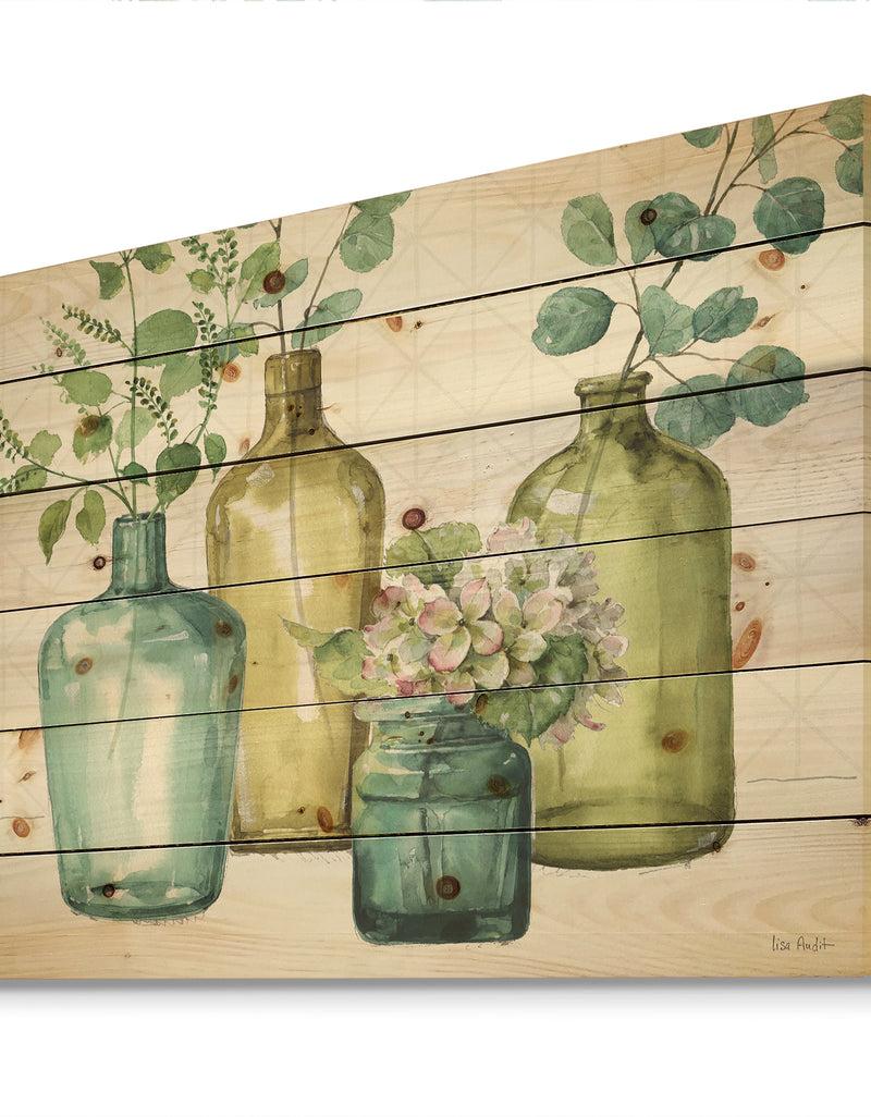 DesignQ Mixed Botanical Green Leaves VIII - Cottage Print On Natural Pine Wood