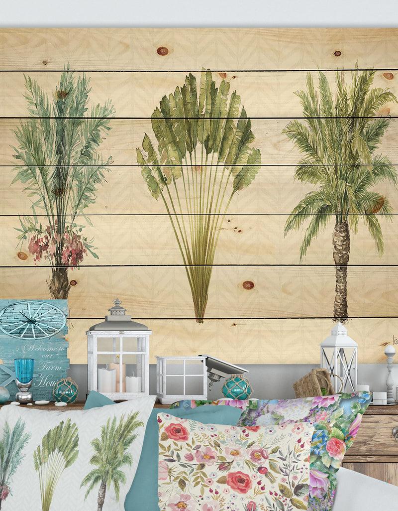DesignQ Mixed Botanical Greens palms II - Farmhouse Print on Natural Pine Wood