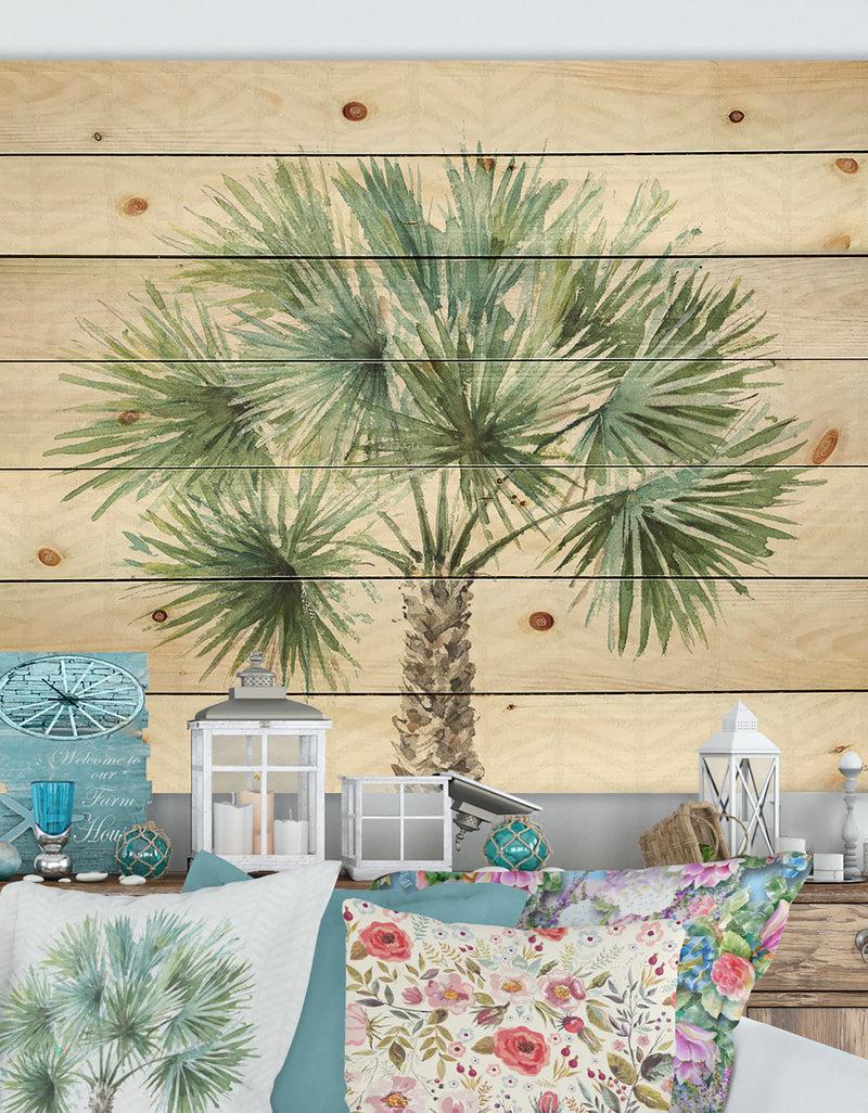 DesignQ Mixed Botanical Greens palms III - Farmhouse Print on Natural Pine Wood