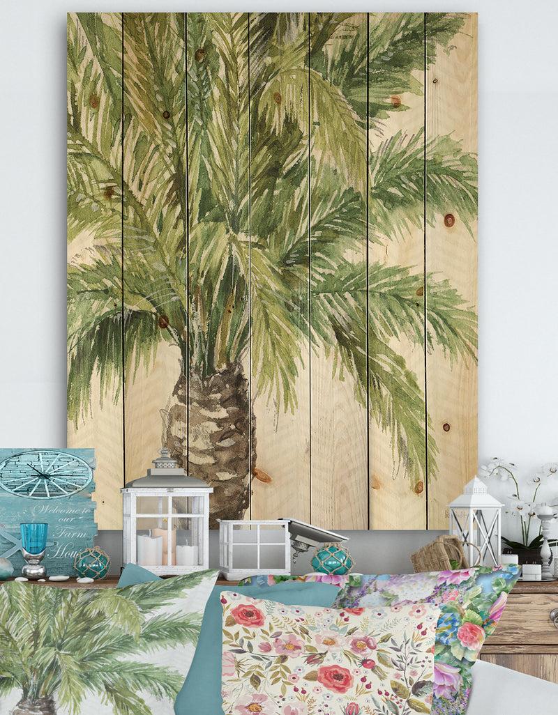 DesignQ Mixed Botanical Greens palms V - Farmhouse Print on Natural Pine Wood