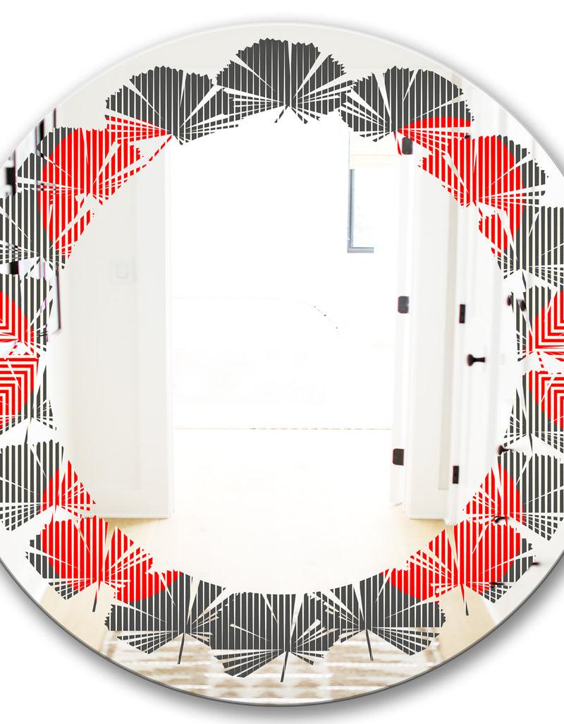 DesignQ Modern Circle And Line Geometric Pattern - Modern Round Or Oval Wall Mirror - Leaves