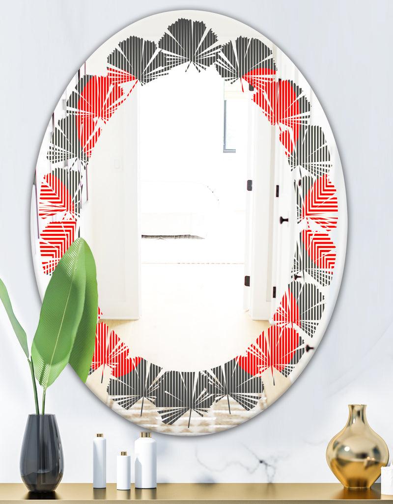 DesignQ Modern Circle And Line Geometric Pattern - Modern Round Or Oval Wall Mirror - Leaves