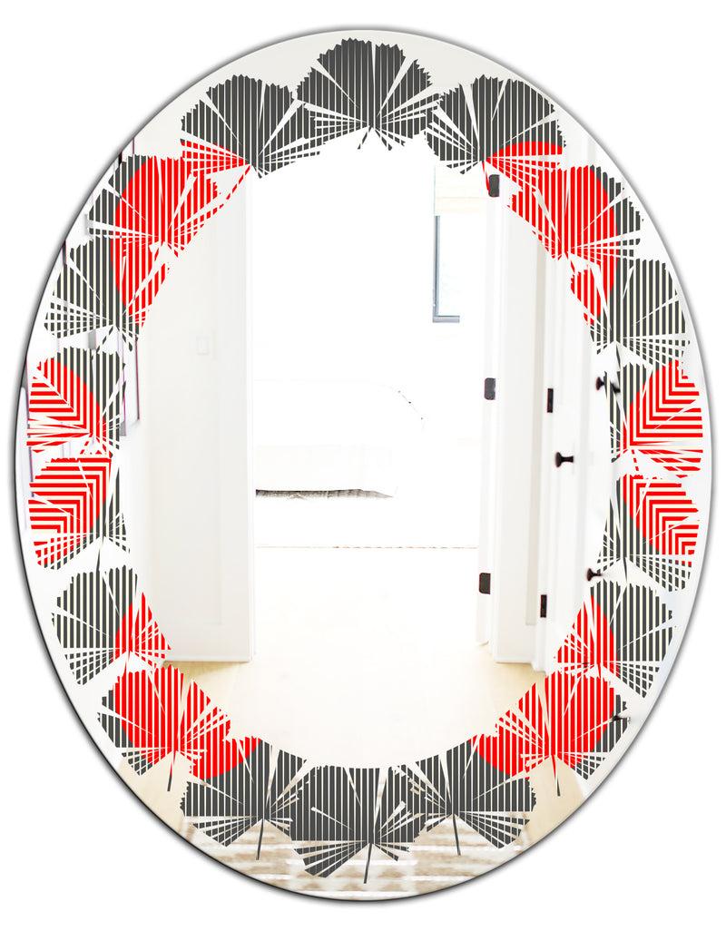 DesignQ Modern Circle And Line Geometric Pattern - Modern Round Or Oval Wall Mirror - Leaves