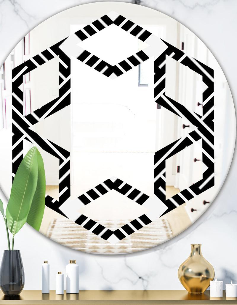 DesignQ Monochrome Geometric Pattern II - Modern Round or Oval Wall Mirror - Hexagon Star