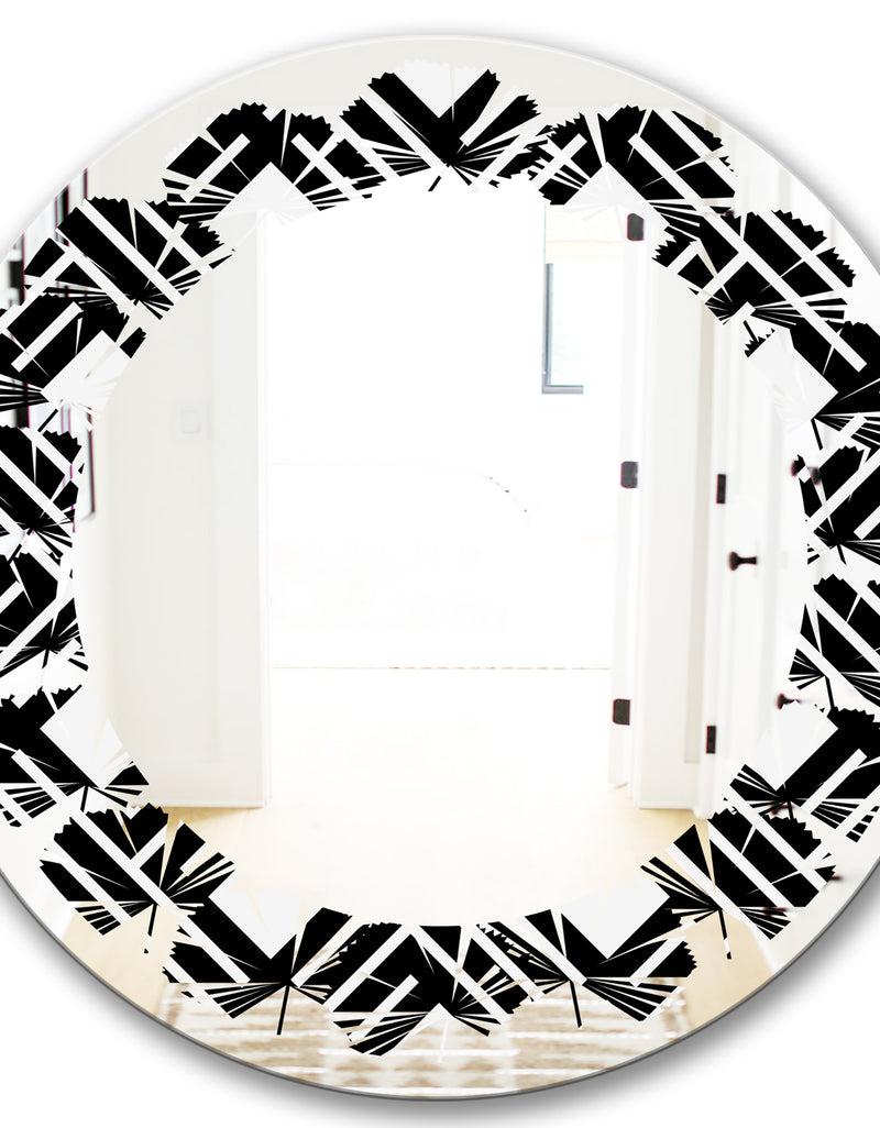 DesignQ Monochrome Geometric Pattern II - Modern Round Or Oval Wall Mirror - Leaves