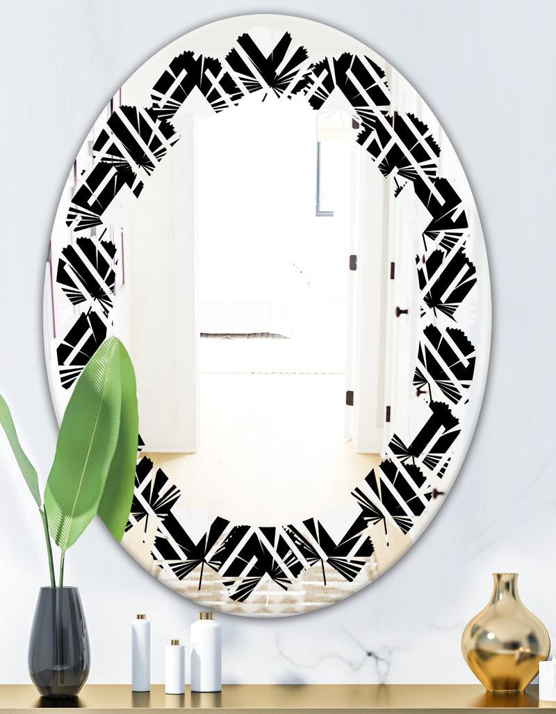 DesignQ Monochrome Geometric Pattern II - Modern Round Or Oval Wall Mirror - Leaves