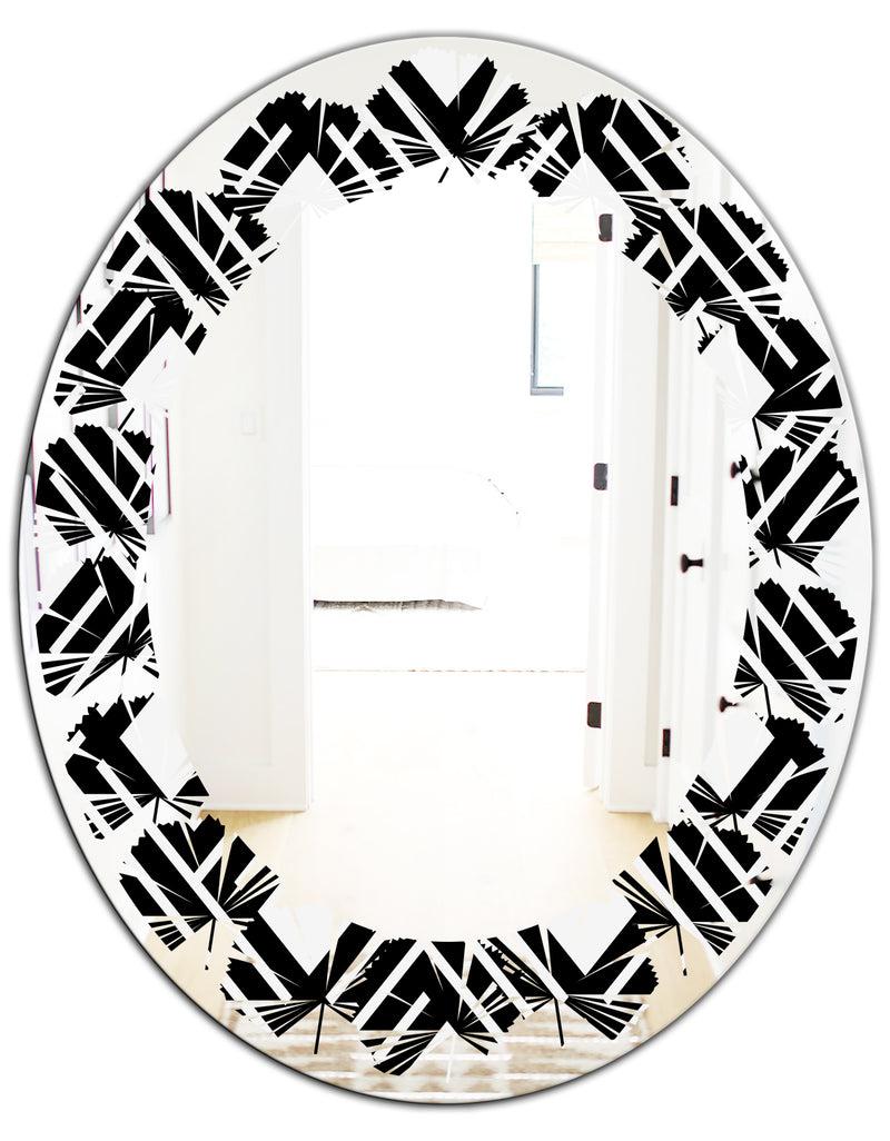 DesignQ Monochrome Geometric Pattern II - Modern Round Or Oval Wall Mirror - Leaves
