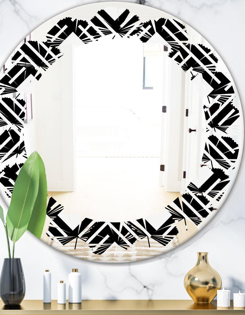 DesignQ Monochrome Geometric Pattern II - Modern Round or Oval Wall Mirror - Leaves