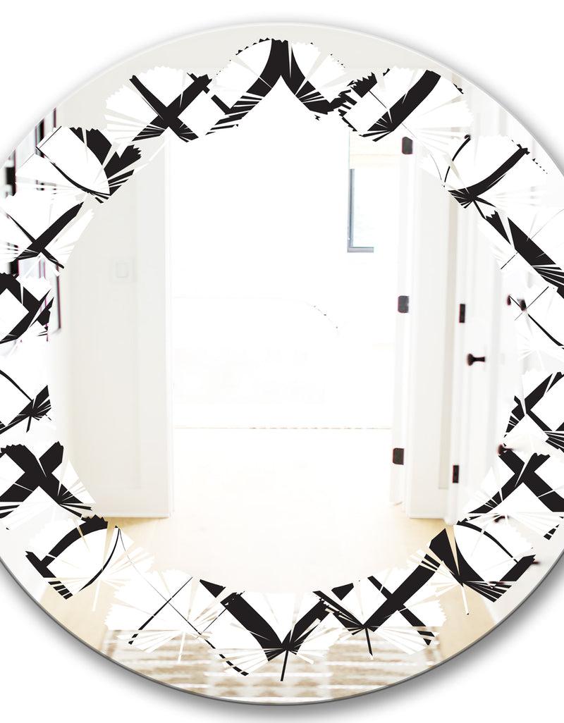 DesignQ Monochrome Geometric Pattern III - Modern Round Or Oval Wall Mirror - Leaves