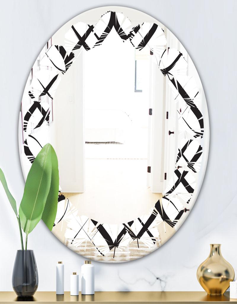 DesignQ Monochrome Geometric Pattern III - Modern Round Or Oval Wall Mirror - Leaves