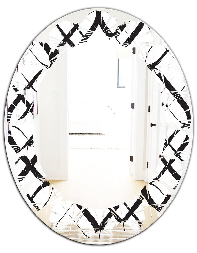 DesignQ Monochrome Geometric Pattern III - Modern Round Or Oval Wall Mirror - Leaves