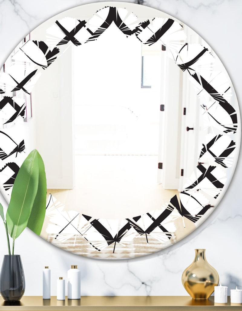 DesignQ Monochrome Geometric Pattern III - Modern Round or Oval Wall Mirror - Leaves