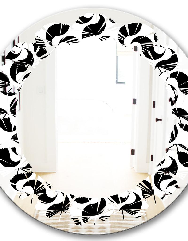 DesignQ Monochrome Geometric Pattern IV - Modern Round Or Oval Wall Mirror - Leaves