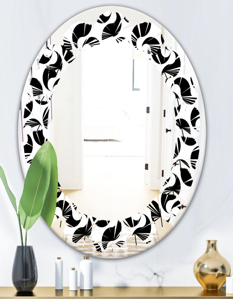 DesignQ Monochrome Geometric Pattern IV - Modern Round Or Oval Wall Mirror - Leaves