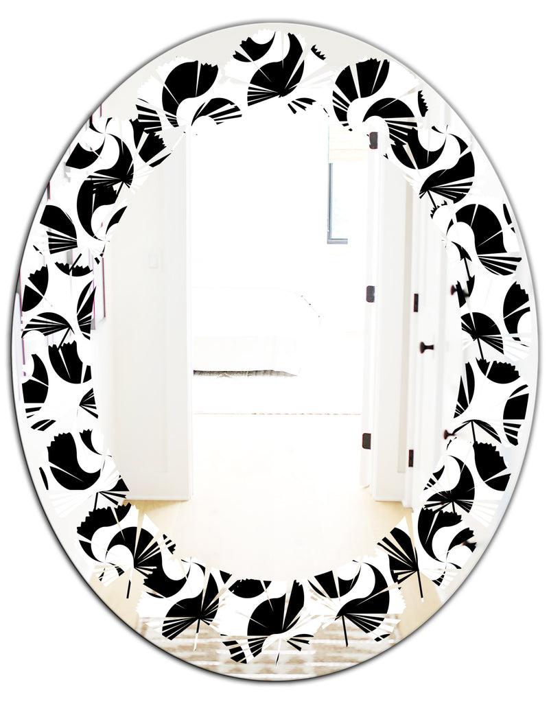 DesignQ Monochrome Geometric Pattern IV - Modern Round Or Oval Wall Mirror - Leaves