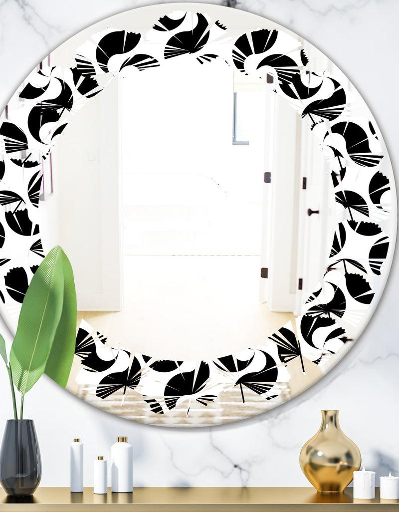 DesignQ Monochrome Geometric Pattern IV - Modern Round or Oval Wall Mirror - Leaves