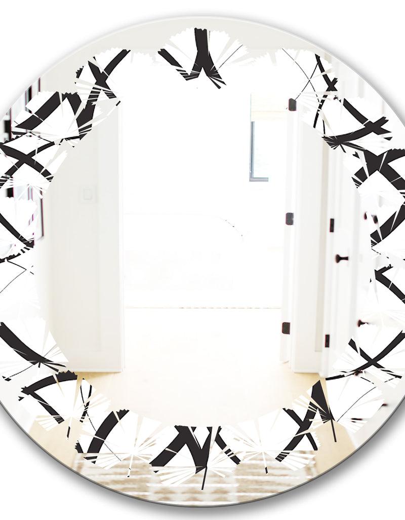 DesignQ Monochrome Geometric Pattern - Modern Round Or Oval Wall Mirror - Leaves