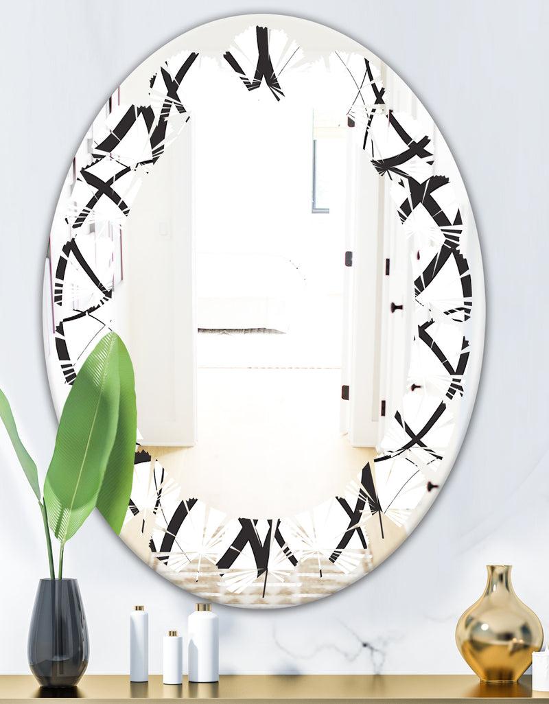DesignQ Monochrome Geometric Pattern - Modern Round Or Oval Wall Mirror - Leaves