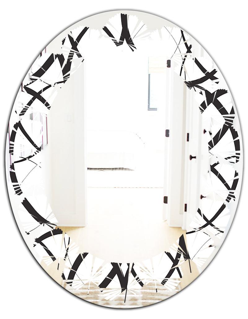 DesignQ Monochrome Geometric Pattern - Modern Round Or Oval Wall Mirror - Leaves