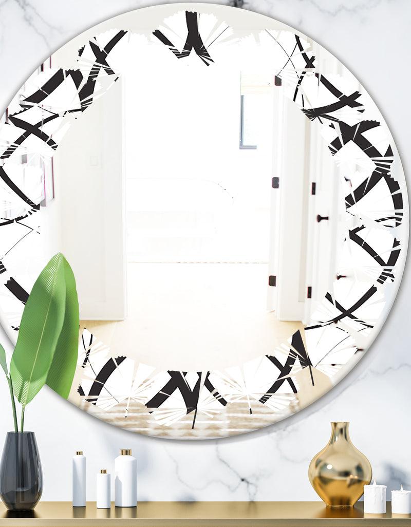 DesignQ Monochrome Geometric Pattern - Modern Round or Oval Wall Mirror - Leaves