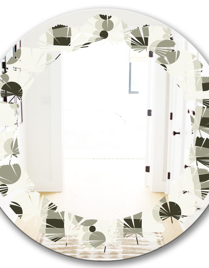 DesignQ Monochrome Geometric Pattern VI - Modern Round Or Oval Wall Mirror - Leaves