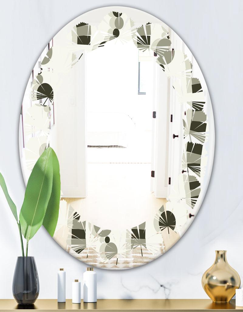 DesignQ Monochrome Geometric Pattern VI - Modern Round Or Oval Wall Mirror - Leaves