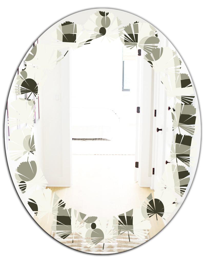 DesignQ Monochrome Geometric Pattern VI - Modern Round Or Oval Wall Mirror - Leaves