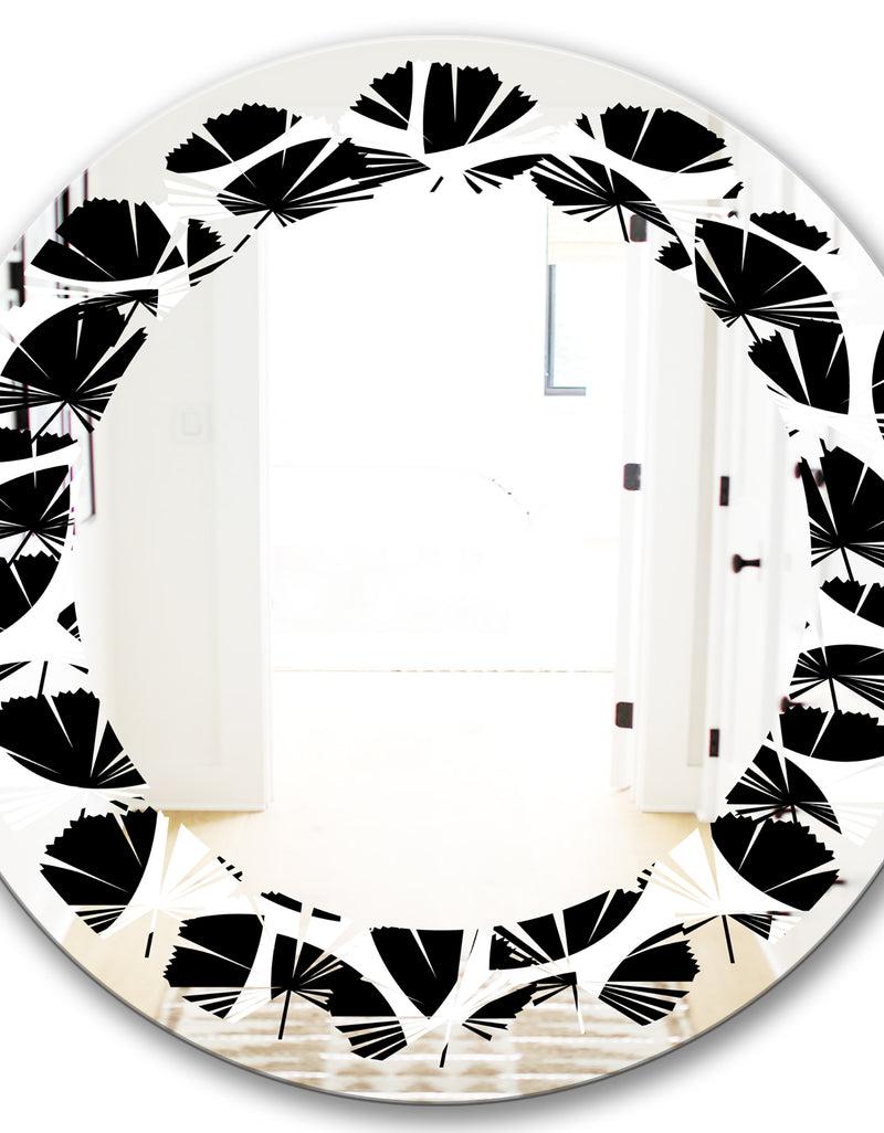 DesignQ Monochrome Geometric Pattern XII - Modern Round Or Oval Wall Mirror - Leaves
