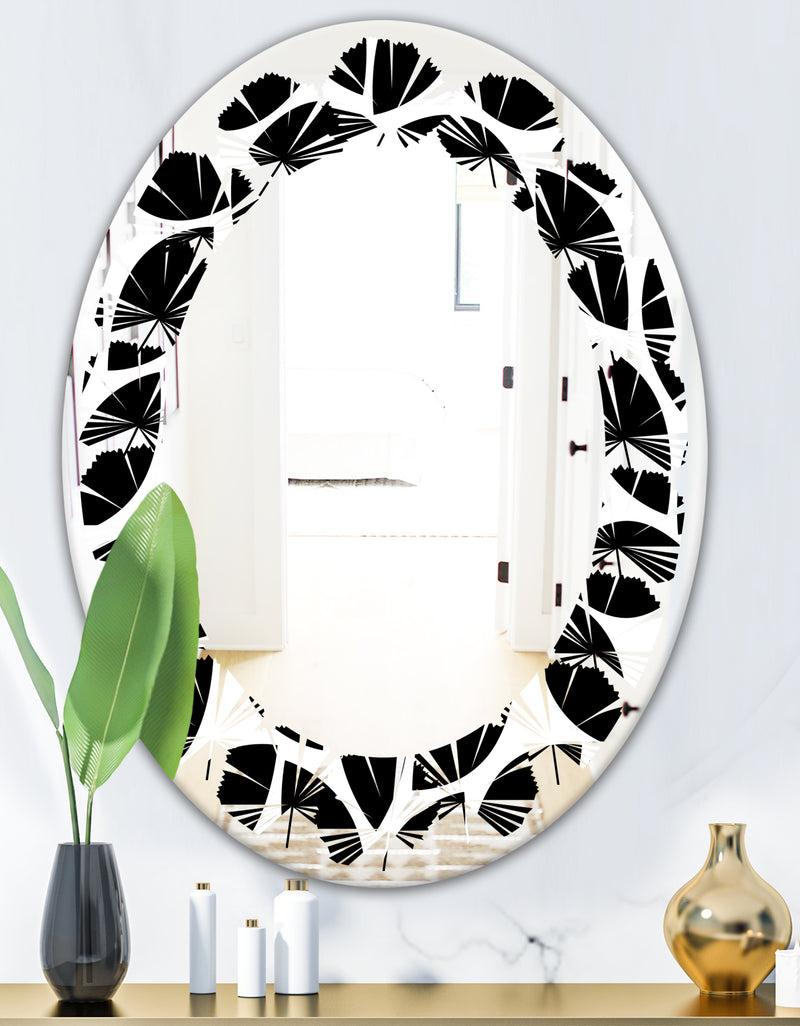 DesignQ Monochrome Geometric Pattern XII - Modern Round Or Oval Wall Mirror - Leaves