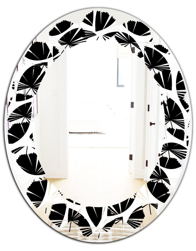 DesignQ Monochrome Geometric Pattern XII - Modern Round Or Oval Wall Mirror - Leaves