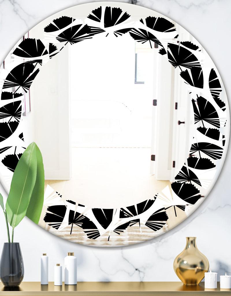 DesignQ Monochrome Geometric Pattern XII - Modern Round or Oval Wall Mirror - Leaves
