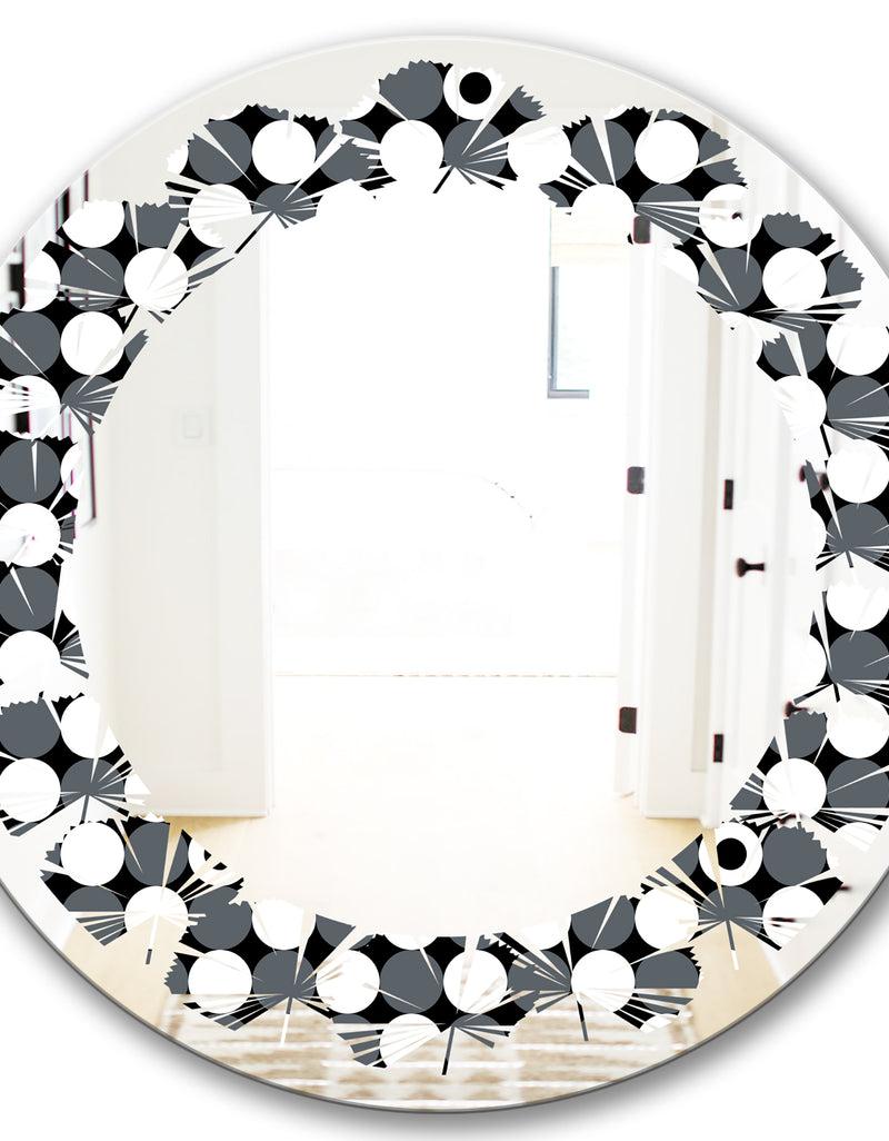 DesignQ Monochrome Geometric Pattern XIV - Modern Round Or Oval Wall Mirror - Leaves