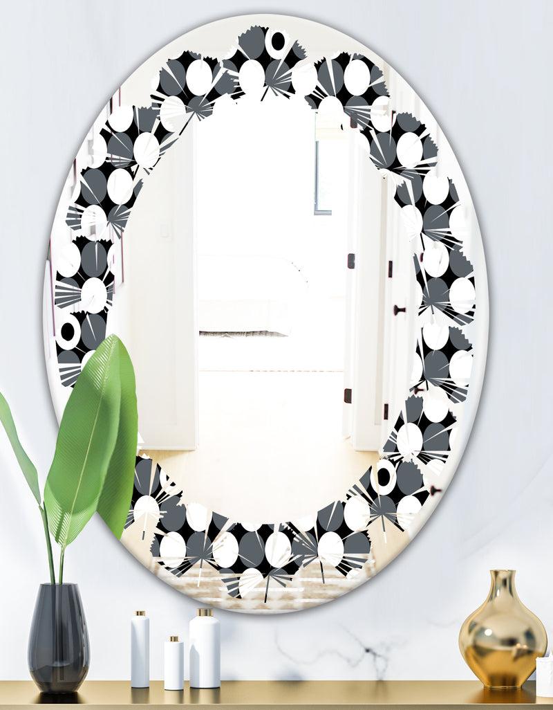 DesignQ Monochrome Geometric Pattern XIV - Modern Round Or Oval Wall Mirror - Leaves