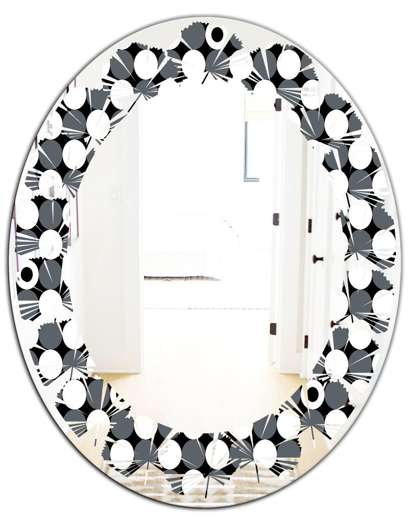DesignQ Monochrome Geometric Pattern XIV - Modern Round Or Oval Wall Mirror - Leaves