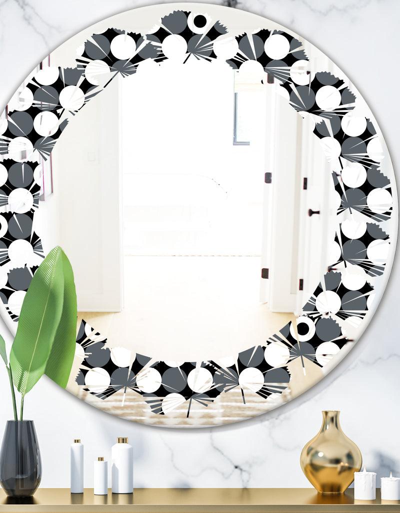 DesignQ Monochrome Geometric Pattern XIV - Modern Round or Oval Wall Mirror - Leaves