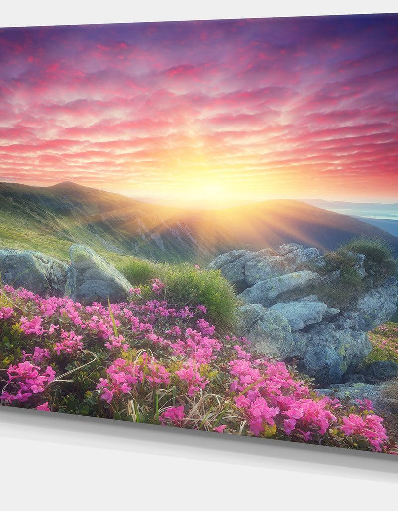 DesignQ Morning With Flowers In Mountains - Landscape Photo Canvas Print