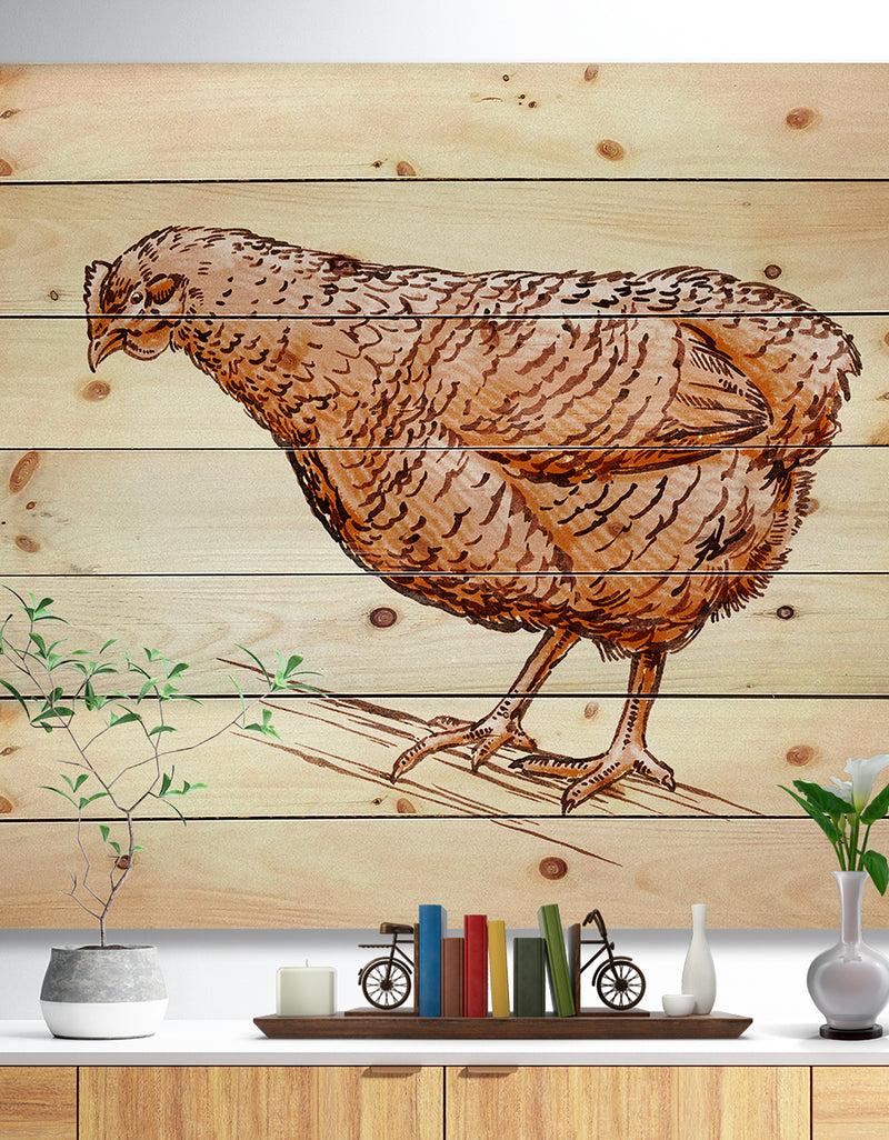 DesignQ Mother Hen in Engrave Ink Draw - Farmhouse Animal Painting Print on Natural Pine Wood