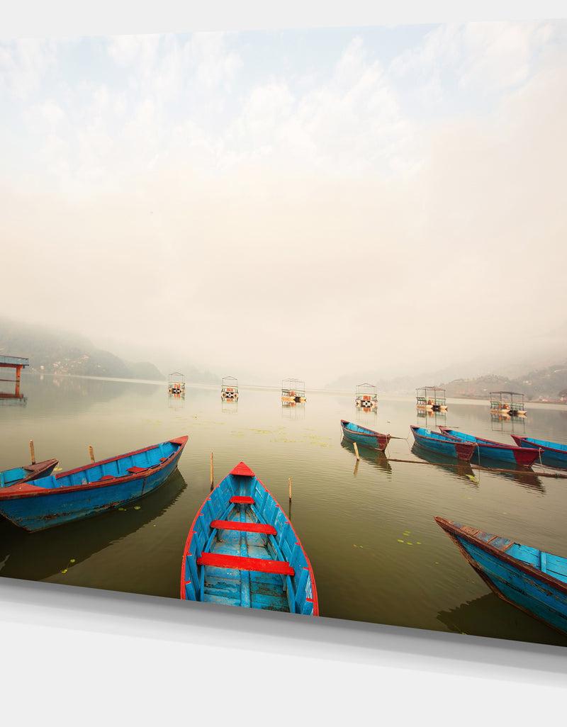 DesignQ Moving Boats In Mountain Lake - Boat Canvas Artwork