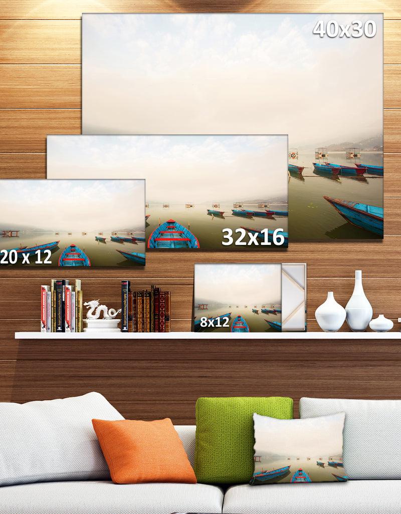 DesignQ Moving Boats In Mountain Lake - Boat Canvas Artwork