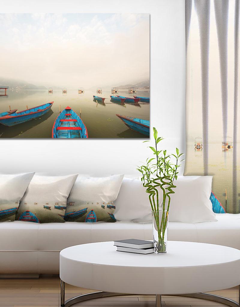 DesignQ Moving Boats in Mountain Lake - Boat Canvas Artwork