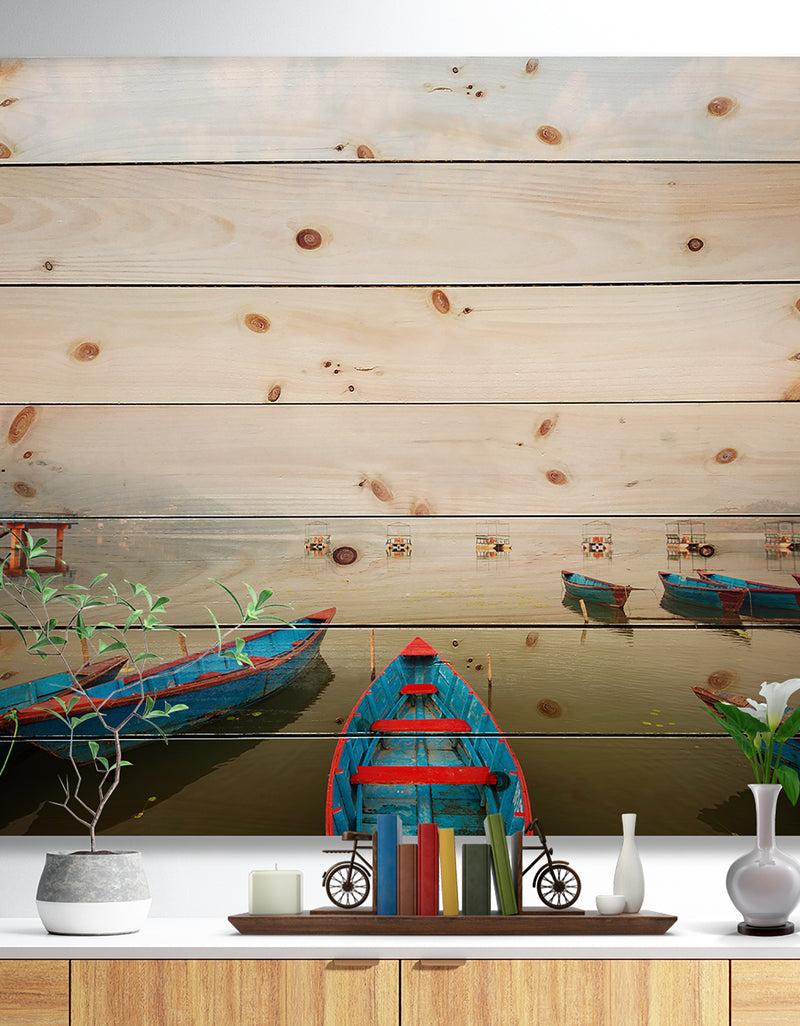 DesignQ Moving Boats in Mountain Lake - Boat Print on Natural Pine Wood
