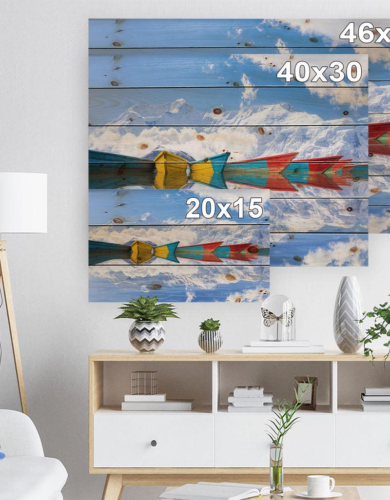 DesignQ Moving Colorful Boats In Lake - Boat Print On Natural Pine Wood