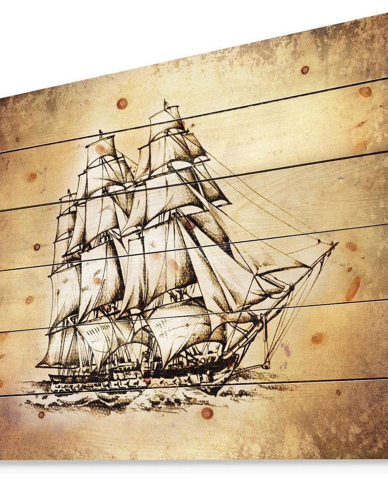 DesignQ Moving Old Sailboat Drawing - Seashore Print On Natural Pine Wood