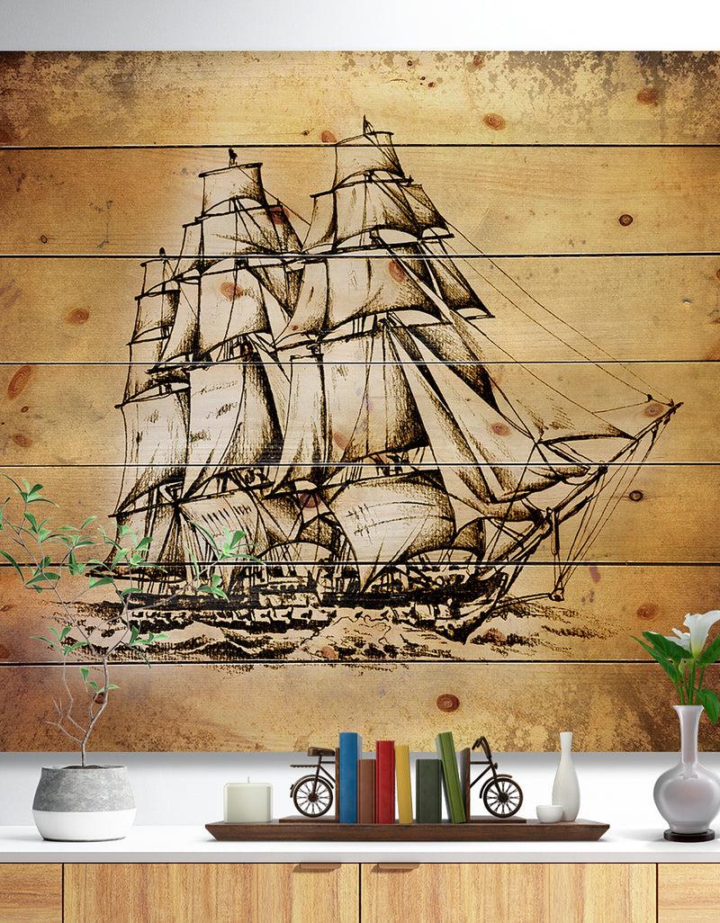DesignQ Moving Old Sailboat Drawing - Seashore Print on Natural Pine Wood