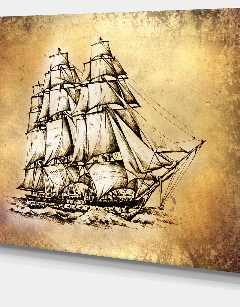 DesignQ Moving Old Sailboat Drawing - Seashore Wall Art On Canvas
