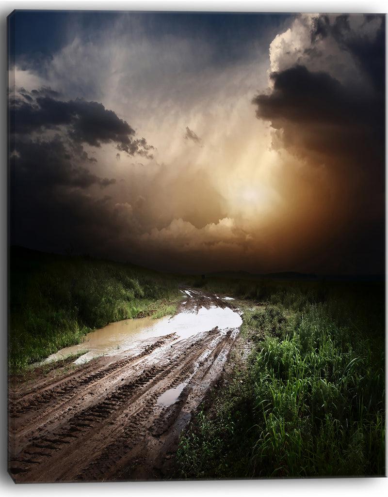 DesignQ Muddy Countryside Roads Under Dark Clouds - Landscape Art Canvas Print