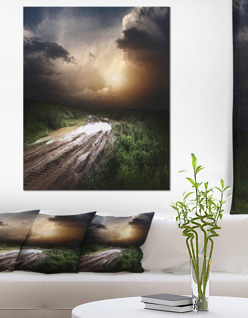 DesignQ Muddy Countryside Roads under Dark Clouds - Landscape Art Canvas Print