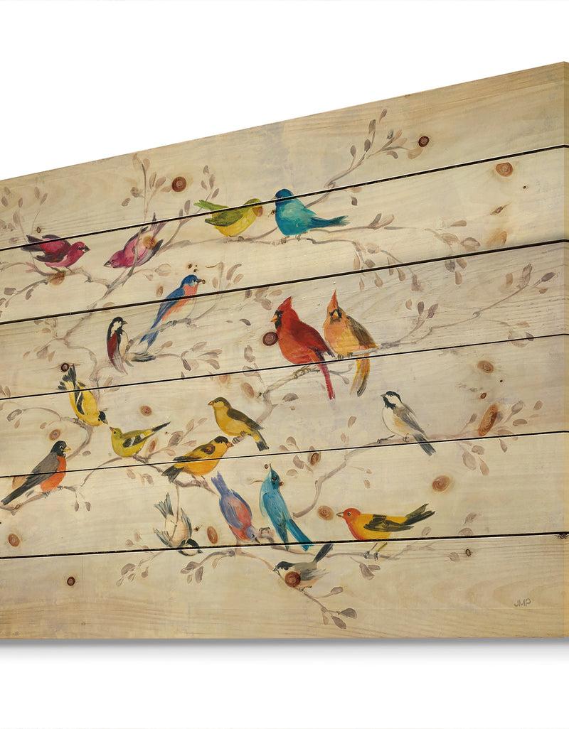 DesignQ Multi-Color Bird On Tree - Modern Farmhouse Print On Natural Pine Wood