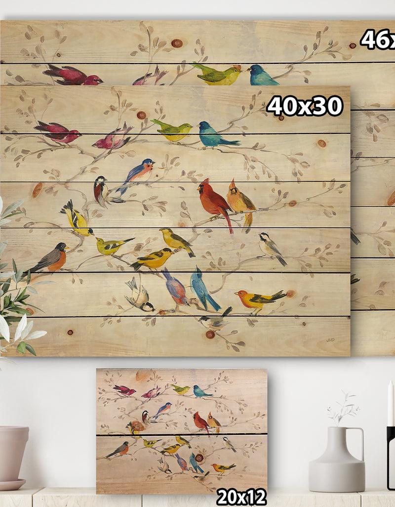 DesignQ Multi-Color Bird On Tree - Modern Farmhouse Print On Natural Pine Wood